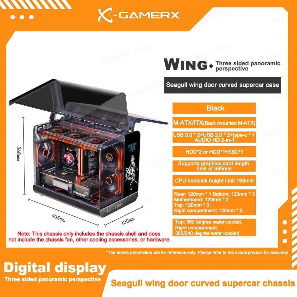 PowerTrain  X-GAMERX Phantom Wings LCD Edition Black Seaview Room Case MATX Vertical Desktop Computer 360 Water-cooling Host