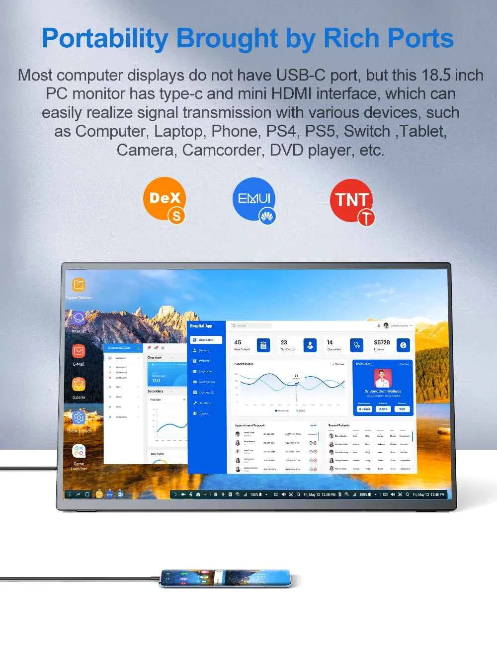 UPERFECT Portable Monitor 18.5 Inch 1080P FHD HDR IPS Laptop Computer Display HDMI USB C External Screen With Dual Speakers VESA