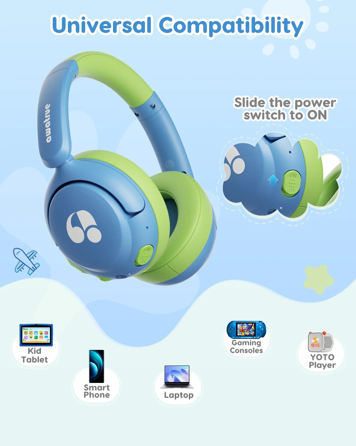 Awatrue Kids Bluetooth 5.4 Headphone 85dBA Safe Volume Lightweight