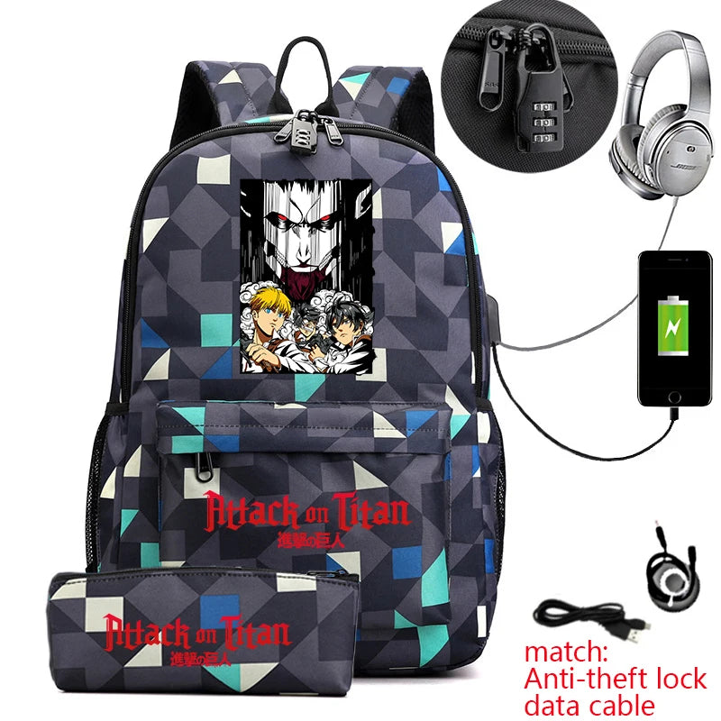 Attack on Titan Anime Print School Backpack Anti-Theft Laptop Bag for Boys Girls with Pencil Case