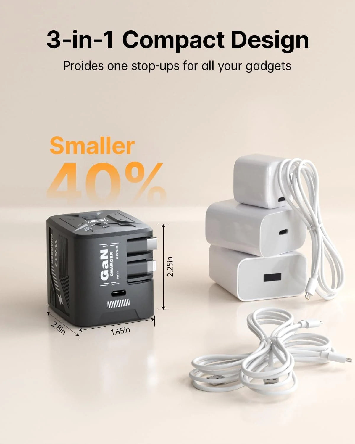 W & O 60W gan Fast Charger for iPhone, Retractable Phone Charger Wall Plug with Type‑C & Compatible Lightning Cables,for iPhone 17/16/15, Galaxy S25/24，Android Devices