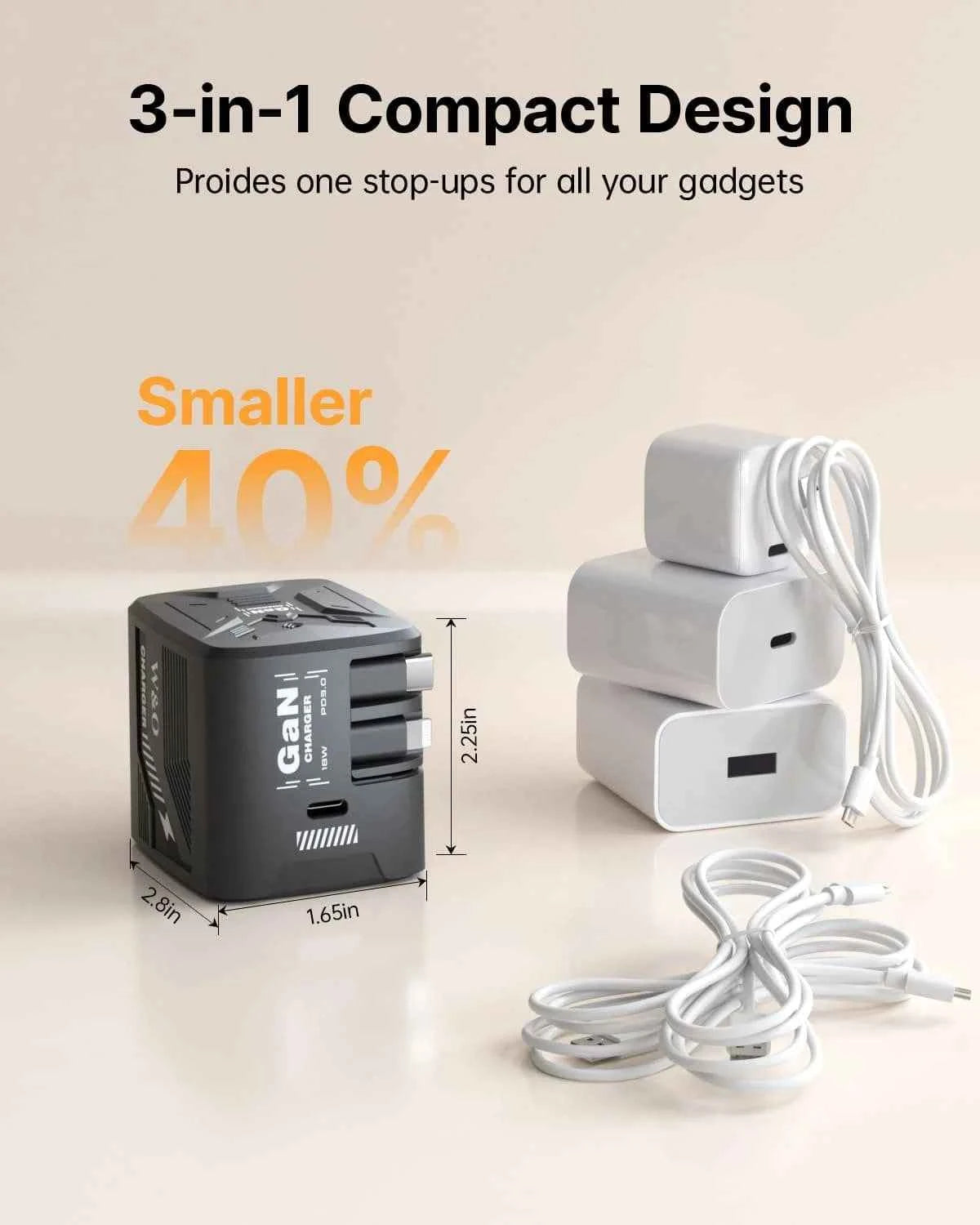 W & O 60W gan Fast Charger for iPhone, Retractable Phone Charger Wall Plug with Type‑C & Compatible Lightning Cables,for iPhone 17/16/15, Galaxy S25/24，Android Devices