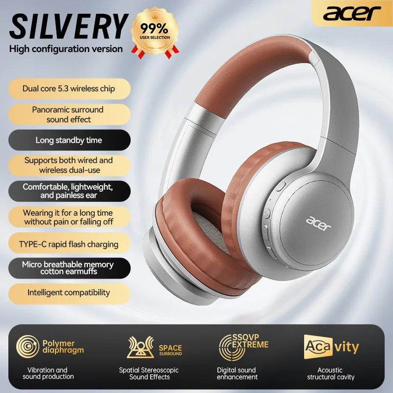 Acer Ohr559 Wireless Bluetooth Headset with High-Fidelity Stereo Bass Sound, Noise Reduction for Calls, Music, and Gaming, No Delay, Long Battery Life, Full-Ear Coverage, Comfortable Fit, with Microphone