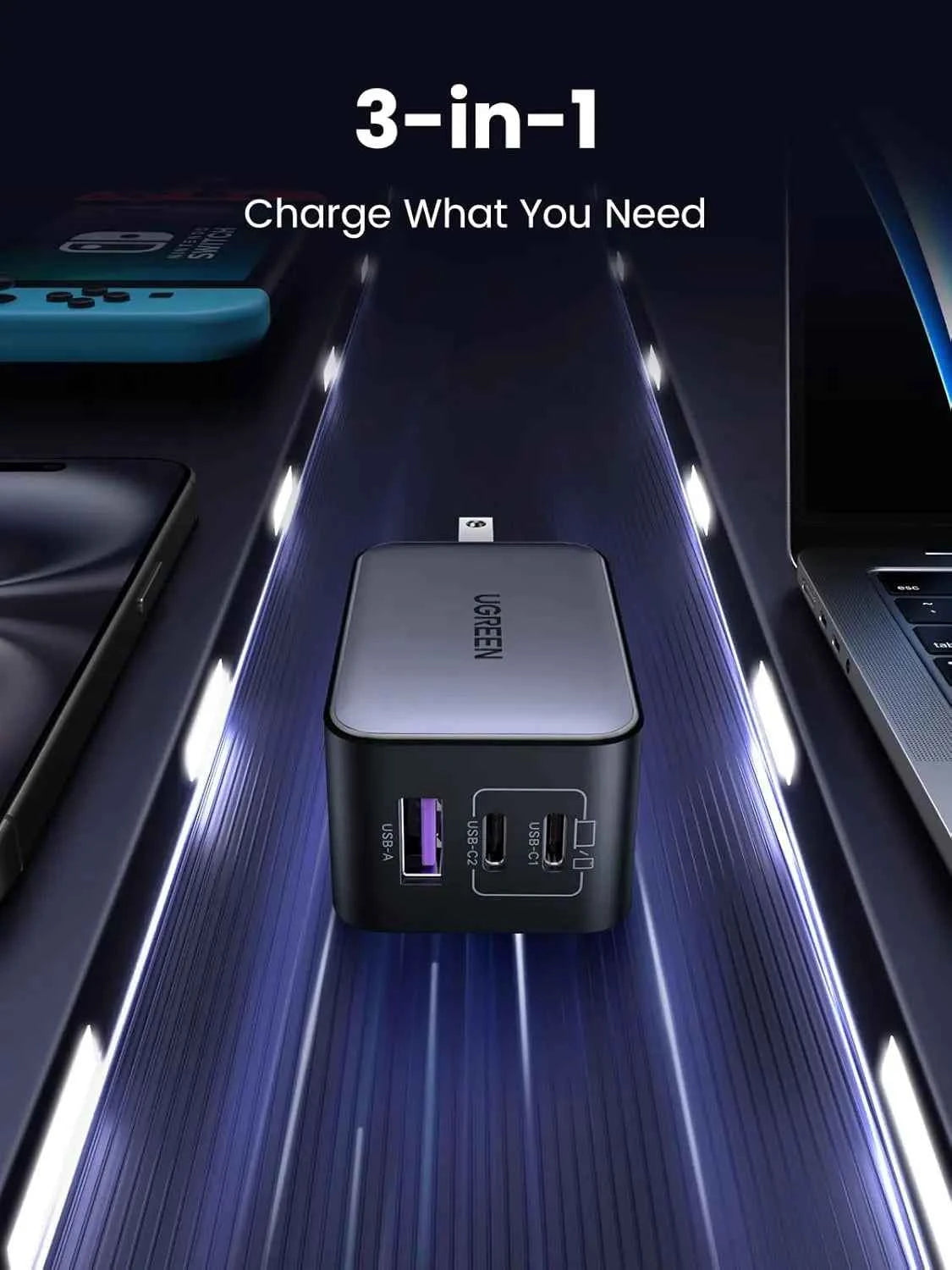 65W GaN USB C Wall Charger, 3-Port Compact Foldable Fast Charger for iPhone, Galaxy, Pixel, MacBook, iPad Pro (Black)