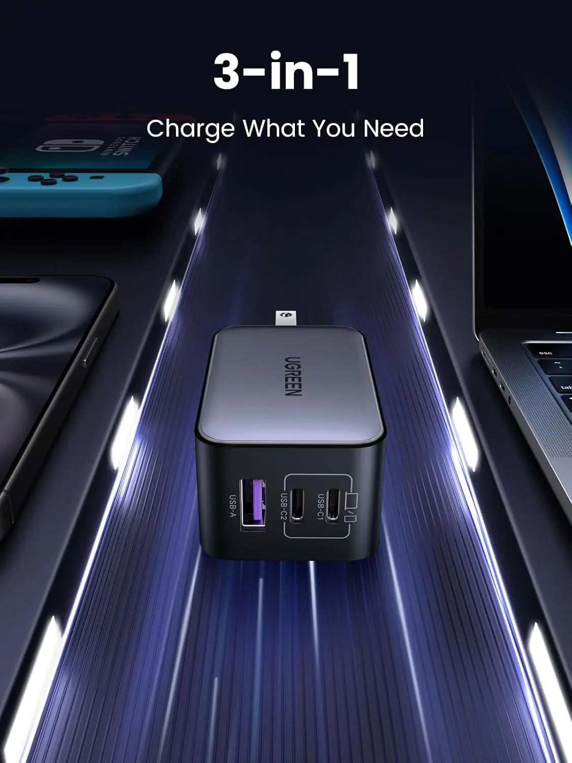 65W GaN USB C Wall Charger, 3-Port Compact Foldable Fast Charger for iPhone, Galaxy, Pixel, MacBook, iPad Pro (Black)