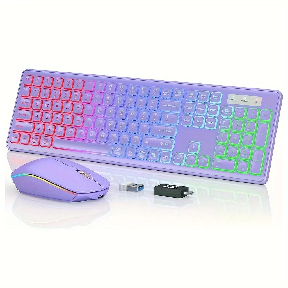 Jomaa 2.4G USB Wireless Keyboard and Mouse Combo Backlit Rechargeable Wireless Keyboard Set USB Cordless Combo for Computer M.c