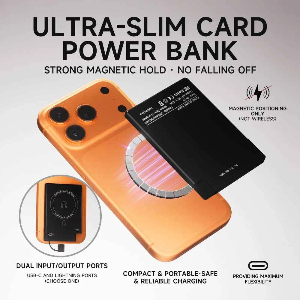Magnetic Card-Size Power Bank 2650mAh Ultra-Slim Portable Charger with Built-in USB-C & Lightning Cables 7.5W Quick Charge