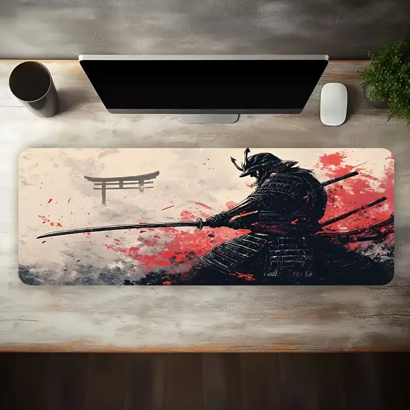 Japanese Samurai Art Mouse Pad, Traditional Calligraphy Pattern Non Slip Desk Mat Game Lovers Office Home Keyboard Desktop Decor