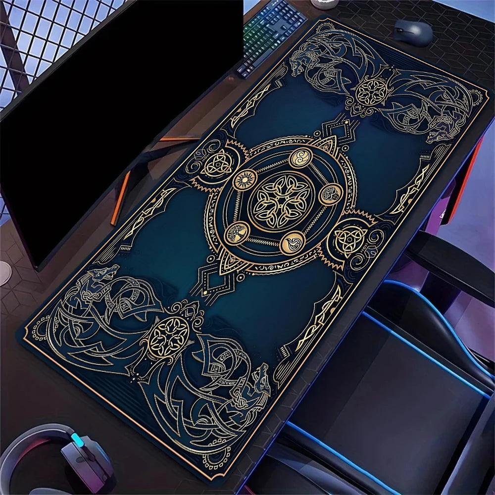 Golden Solar System Planet Pattern Mouse Pad, Large Stitched Edge Mouse Pad, XXL Keyboard Pad, Computer Desktop Accessories