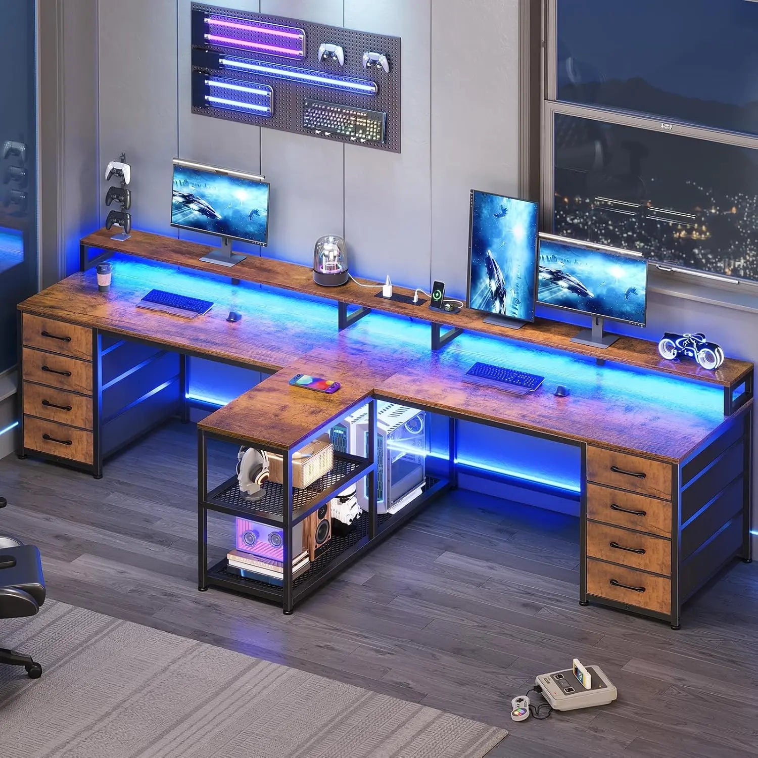 94.5in Double Gaming Desk 8 Drawer LED Storage Power Strip Monitor Stand Home Office , Custom