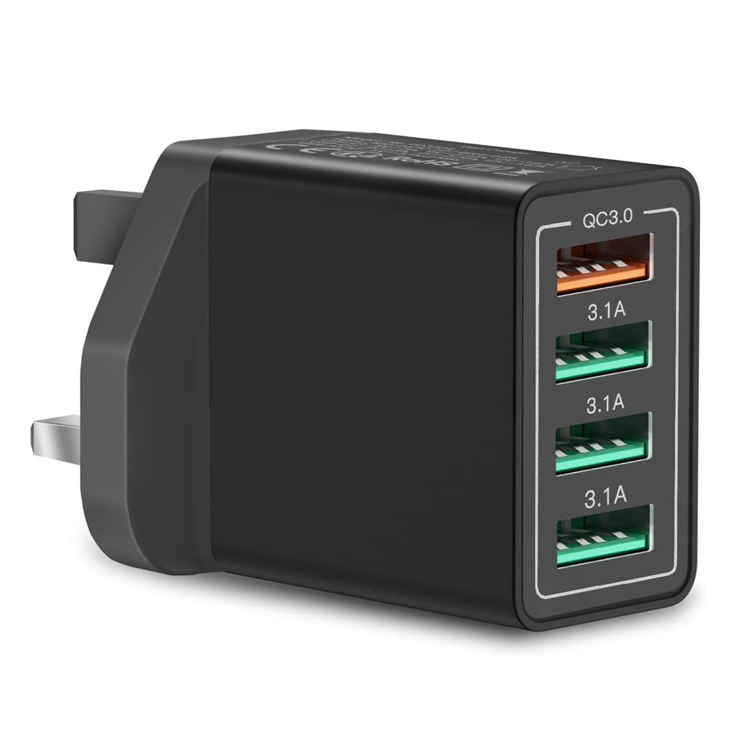 UK Plug 4-Port USB-A Wall Charger Block, 33W QC3.0 Fast Charging Adapter Phone Chargers Blocks For iPhone Huawei Xiaomi