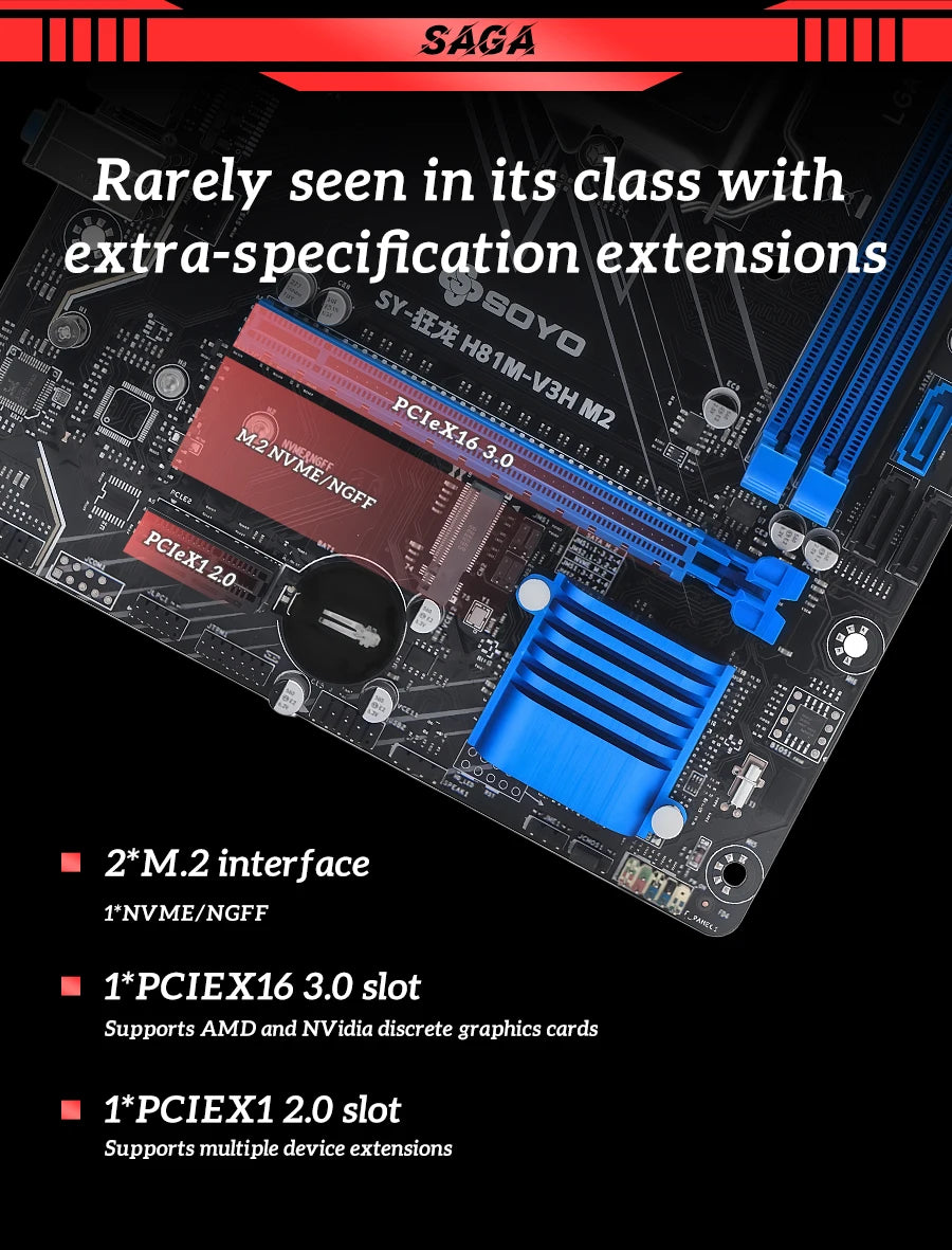 H81 Motherboard SOYO DDR3 LGA 1150 RAM 16GB Support I3 I5 I7 Nvme NGFF M.2 Slot VGA HDMI-Compatible RJ45 Gaming Mainboard