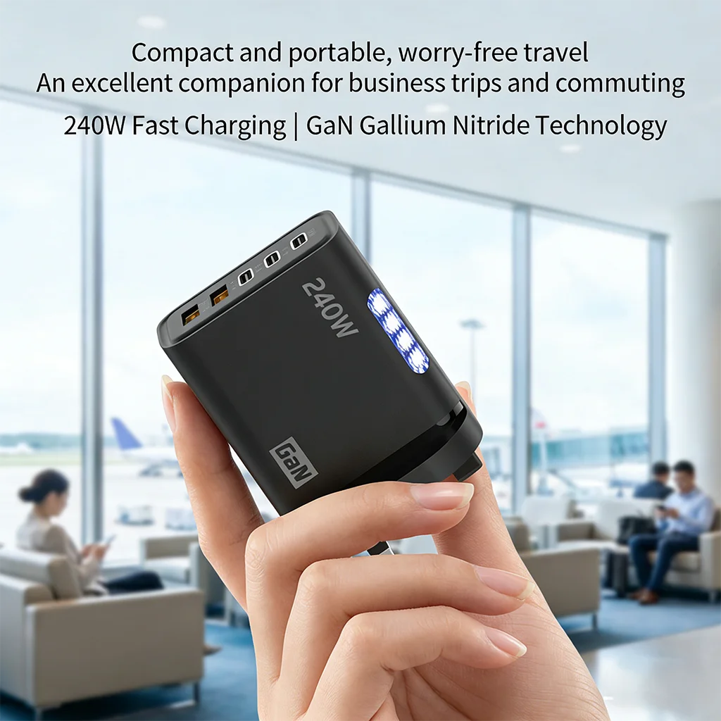 240W GaN Charger 5-in-1 3USB-C PD and 2USB-A QC3.0 Fast Charging for iPhone 16 17 Samsung S25 S24 Xiaomi 15 16 17 Huawei Mate