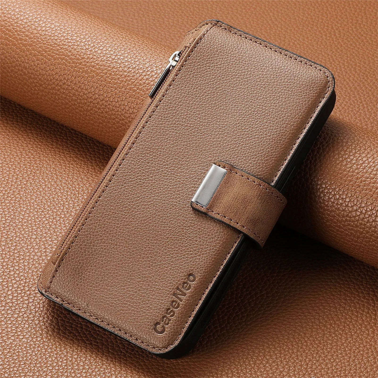 For iPhone 15 14 13 12 11 XS Max XR 8 7 6 Plus Wallet Case, Zipper Storage Design, Detachable Magnetic Flip Folio Cover