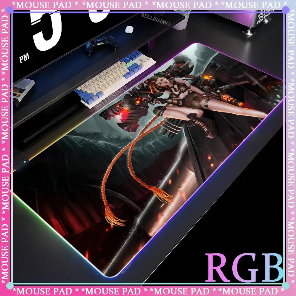 RGB League of Legends MousePad Gamer Jinx Anime Girl LED Game Accessories Keyboard Pad Large Desk mats Rubber Luminous Mouse Pad
