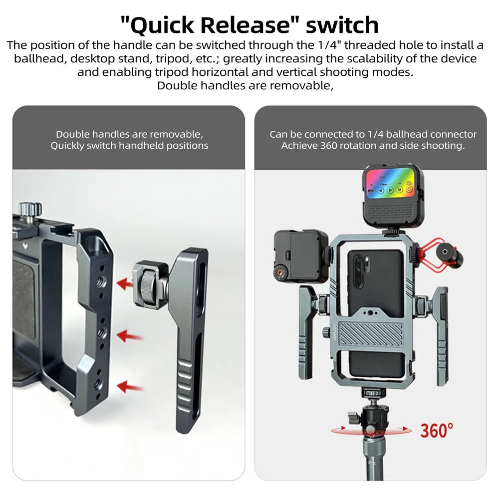 Universal Metal Phone Cage Smart Stabilizer w Handgrip Phone Holder for Iphone 15 14 13 Andriod Mic Led Light Filmmaking Video