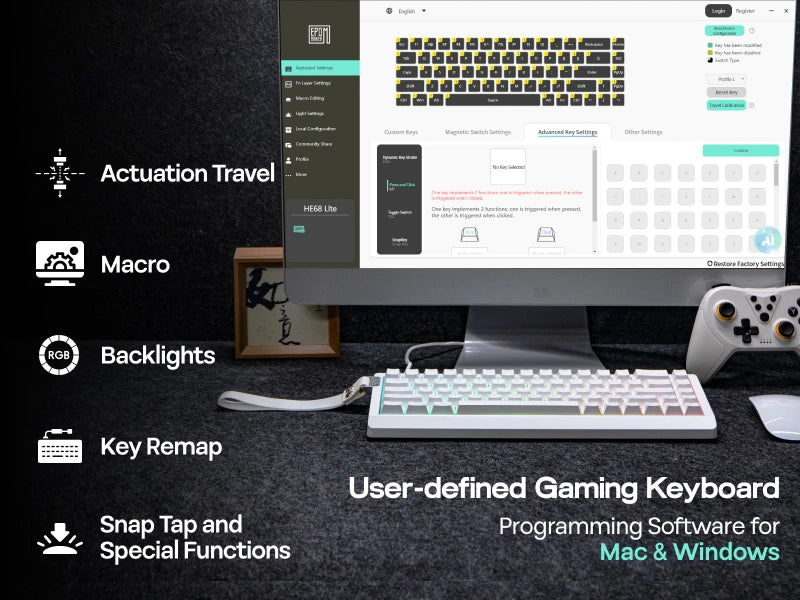 EPOMAKER HE68 Lite 65% Layout Tray-Mounted Wired Hall Effect NKRO Magnetic Keyboard DKS SOCD 8kHZ Polling Adjustable Actuation