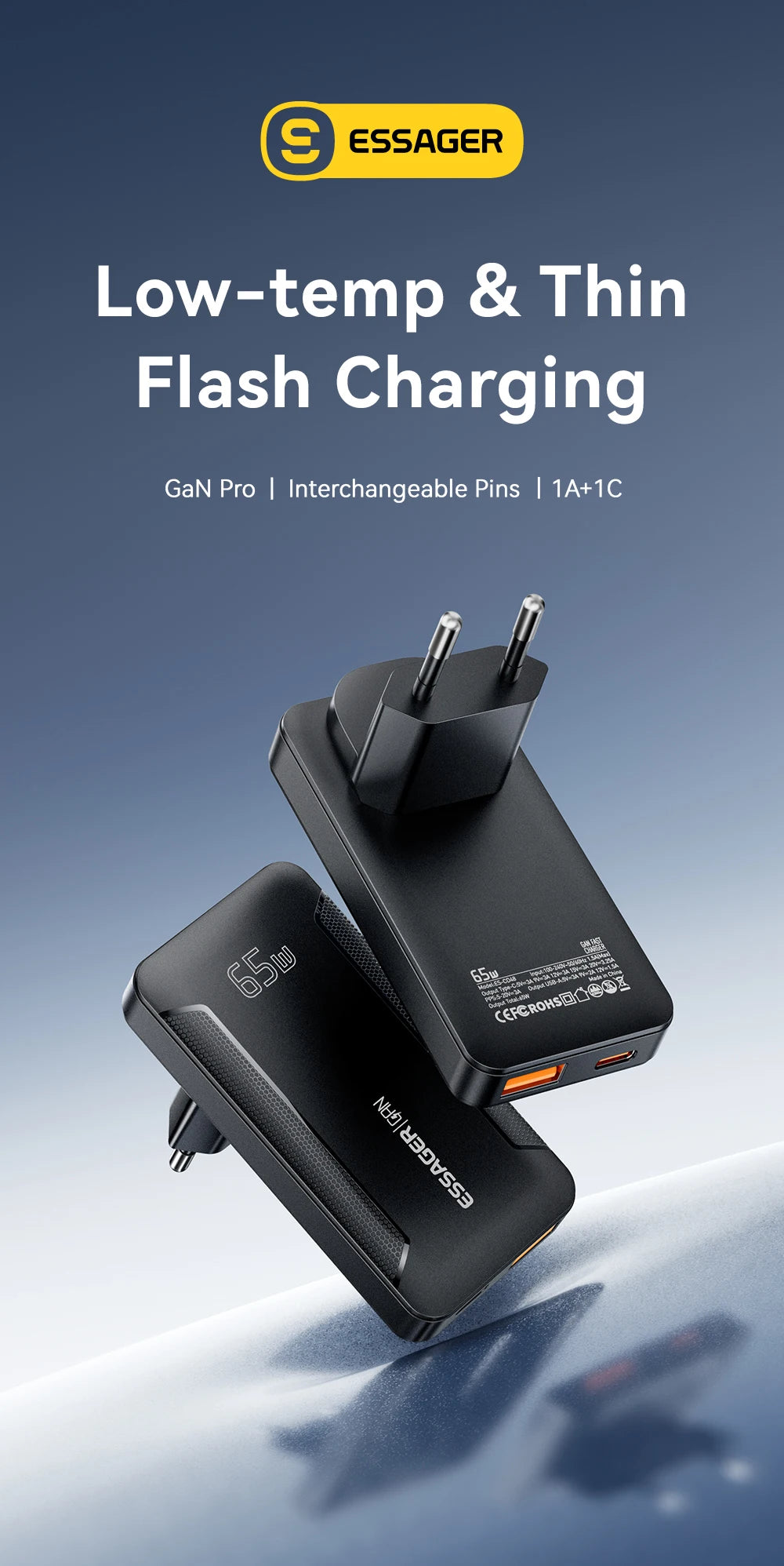 Essager Ultra Thin 65W GaN pro Travel Charger Quick Charge 4.0 PD3.0 Portable Type-C for iPhone 17 16 15Samsung MacBook Laptop