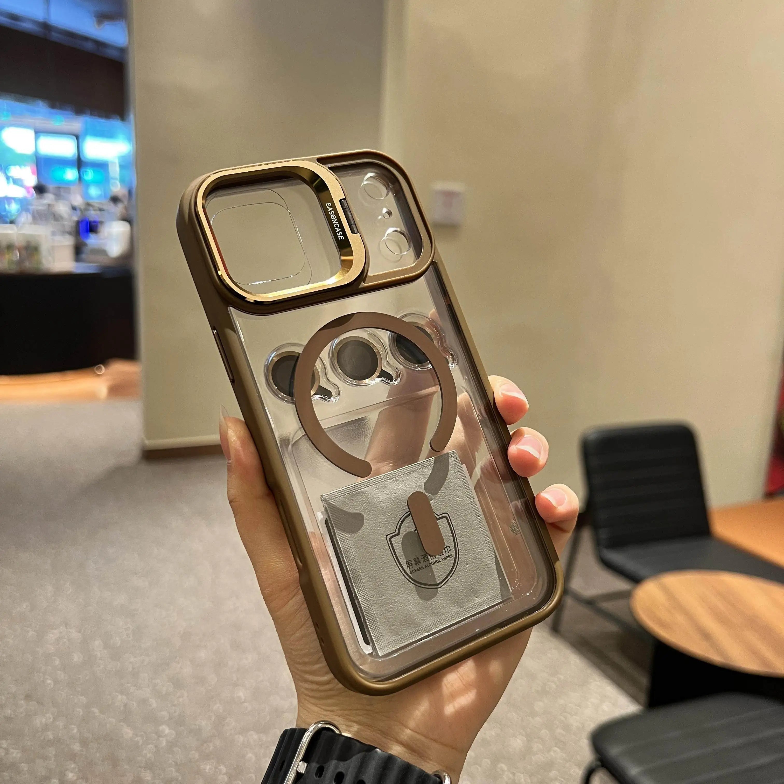 Luxury Magnetic Stand Glass Lens Protection Phone Case For iPhone 17 16 15 14 12 11 Pro Max Plus Magsafe Shockproof cover