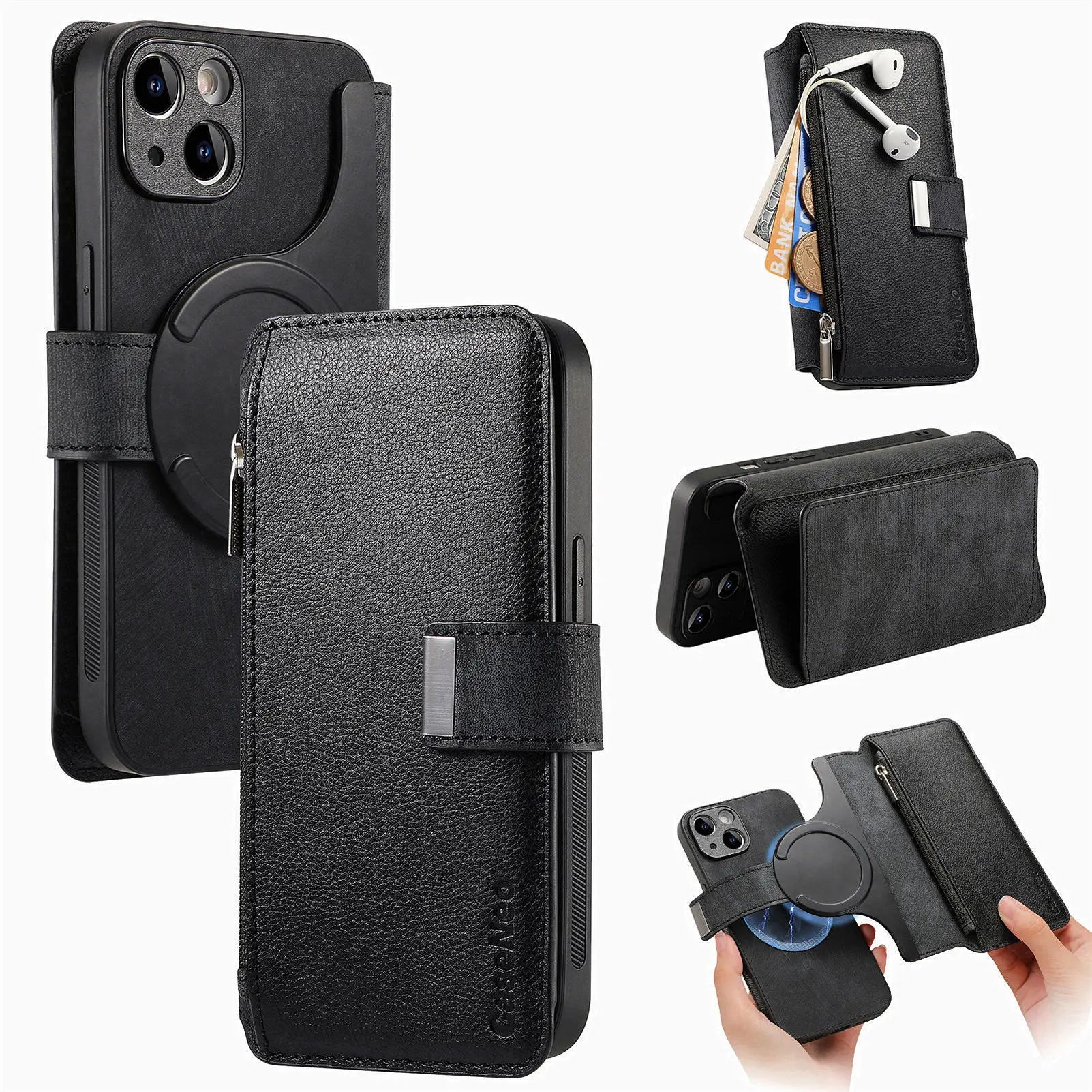 For iPhone 15 14 13 12 11 XS Max XR 8 7 6 Plus Wallet Case, Zipper Storage Design, Detachable Magnetic Flip Folio Cover