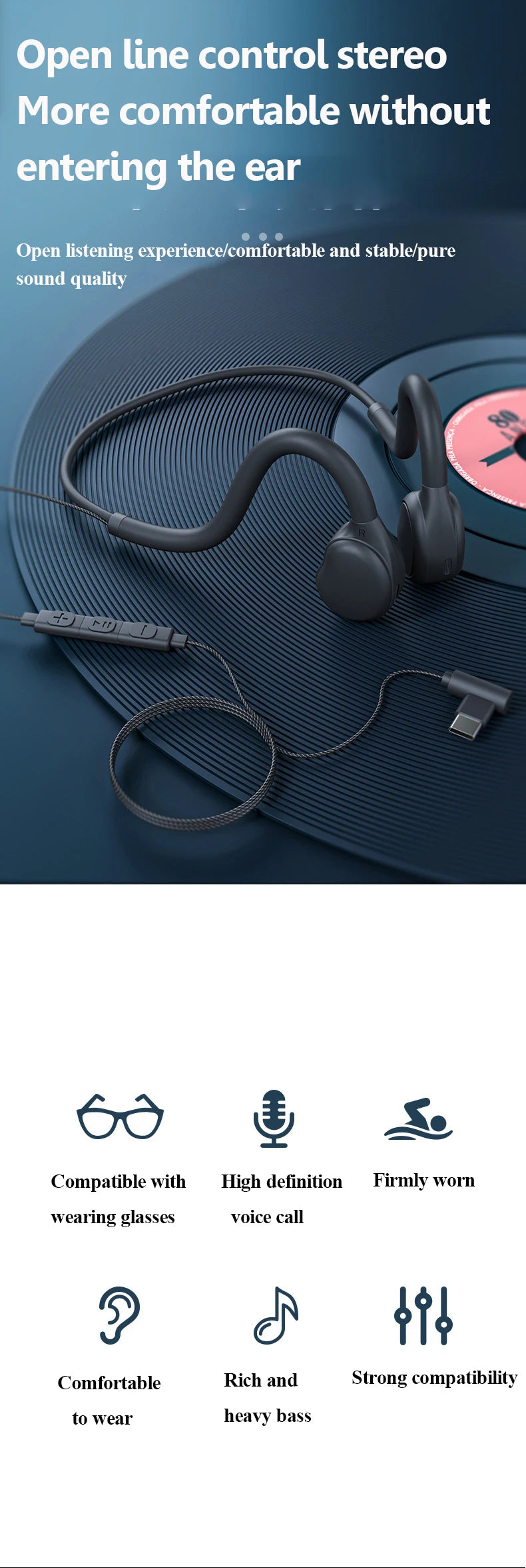 Open Ear Air Conduction Headphones 3.5mm Wired Stereo Not in Ear Music Headset Ultra Light with Microphone for IOS Andriod Phone