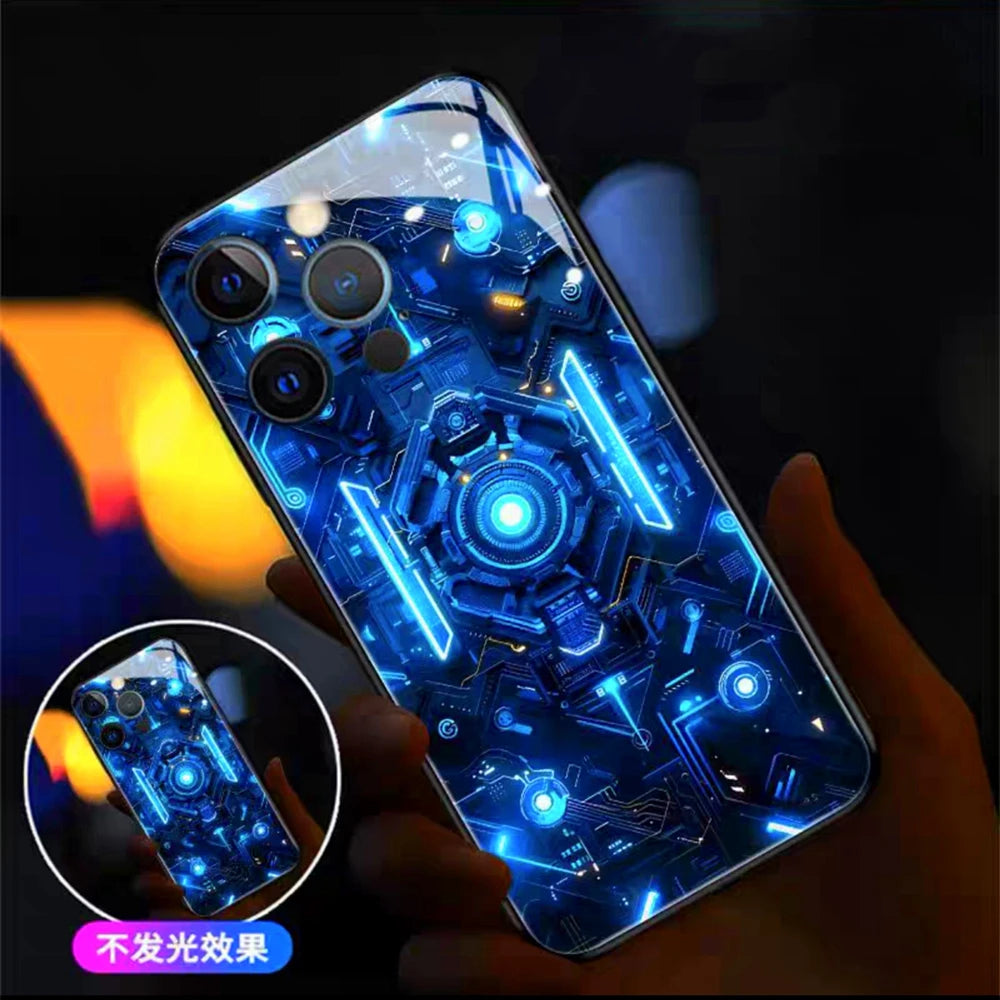 Luxury Blue Chip Pattern Luminous Glass LED Call Light Up Flash Phone Case Cover For iPhone Air 17 16 E 15 14 13 12 Pro Max Plus