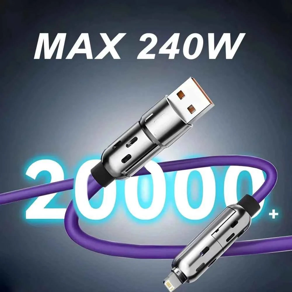 240W USB Fast Charging Data Cables 4-in-1 Micro USB Type C With Breathing Lamp Quick Charge For iPhone 16 Huawei Samsung Xiaomi