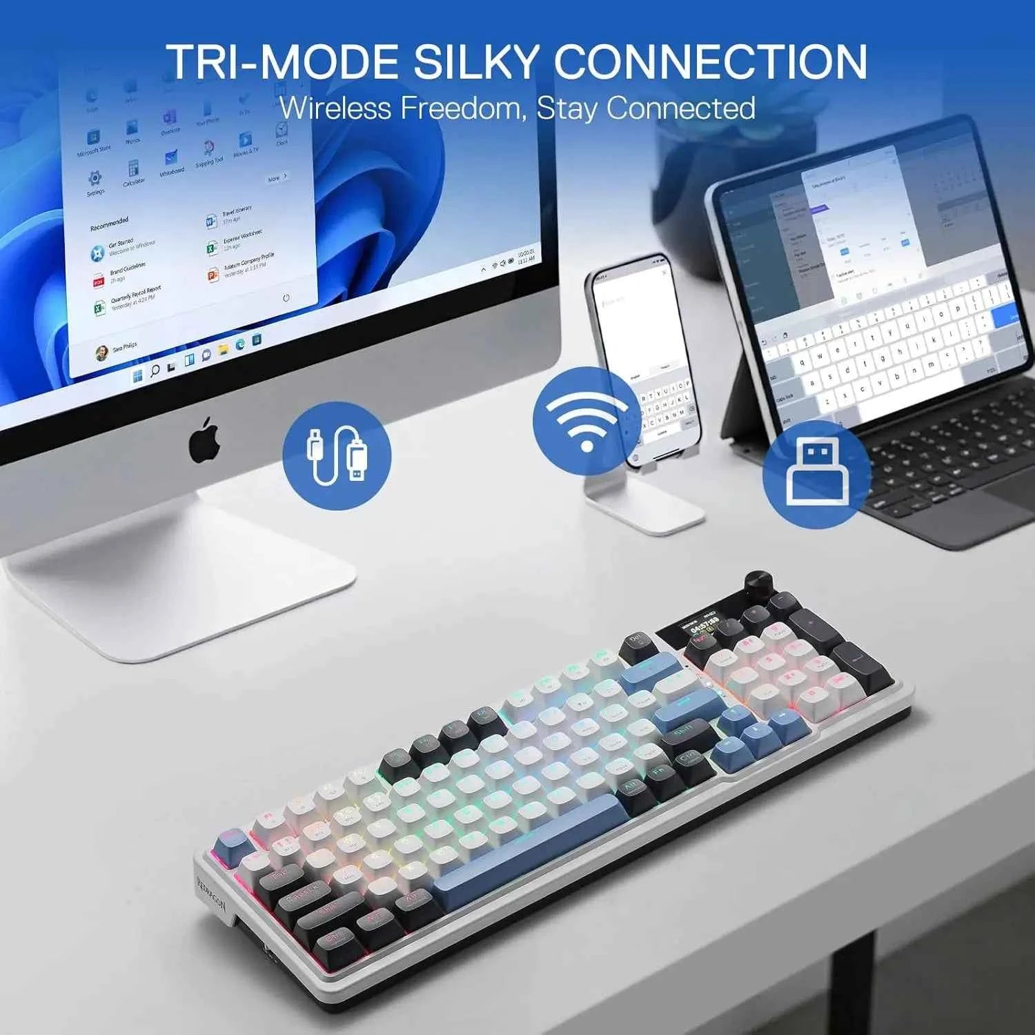 Redragon K719 Wireless Gasket Gaming Keyboard w/Hype Screen & Knob, 95 Keys Mechanical Keyboard, Easy-Control 1.14’’ TFT Info