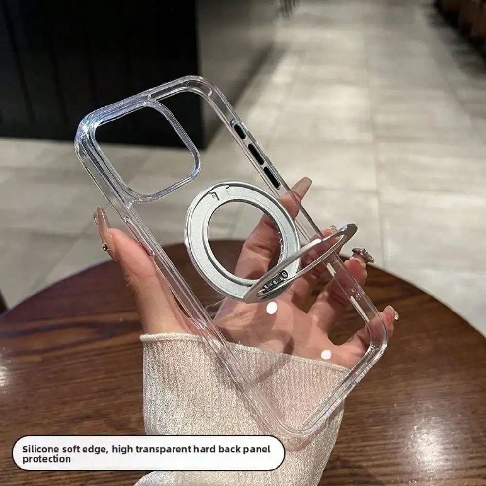 360 ° Rotating Metal Bracket Transparent Magnetic Phone Case, Suitable for IPhone 17 16 15 14 13, All Inclusive Soft Anti Fall
