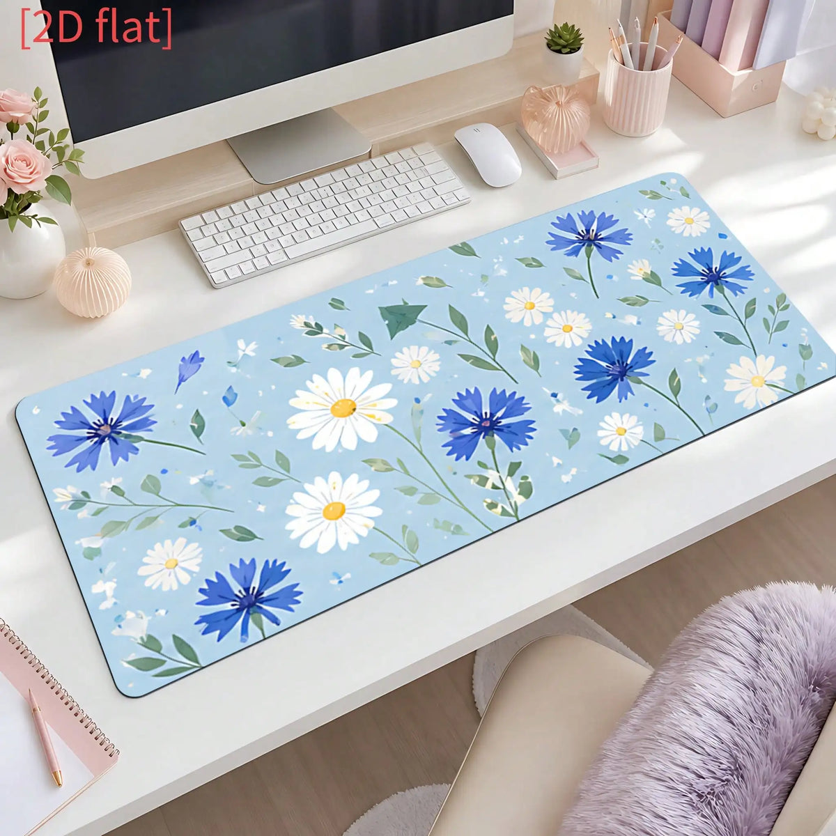 1pc Non-Slip Oval Mouse Pad Compatible For Office Desk, Computer Desk, Study Table - Blue & White Cornflower Daisy Minimalist Desk With Base & Suitable For