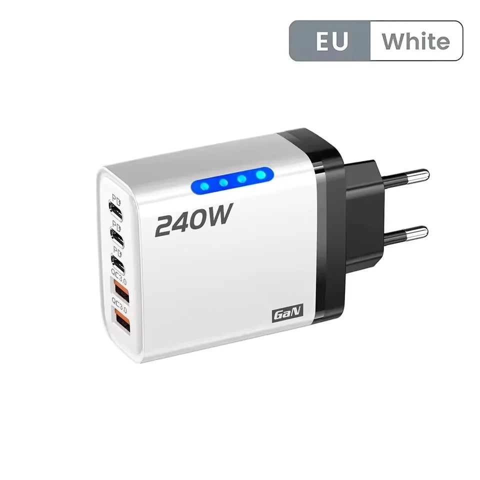 5 in 1 GaN USB C Desktop Charger 240W Fast Charge Phone Adapter Type C Cable For iPhone Samsung Xiaomi EU/US/UK Plug Charger