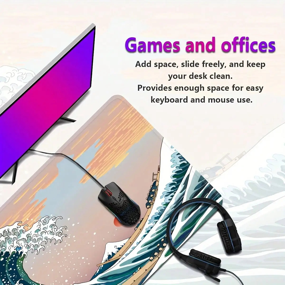 XXL Gaming Mouse Pad Featuring A Black-And-White Wave Art Design; Washable Surface; Stylish Rectangular Desk Mat Suitable For Desktops, Laptops, Office Work