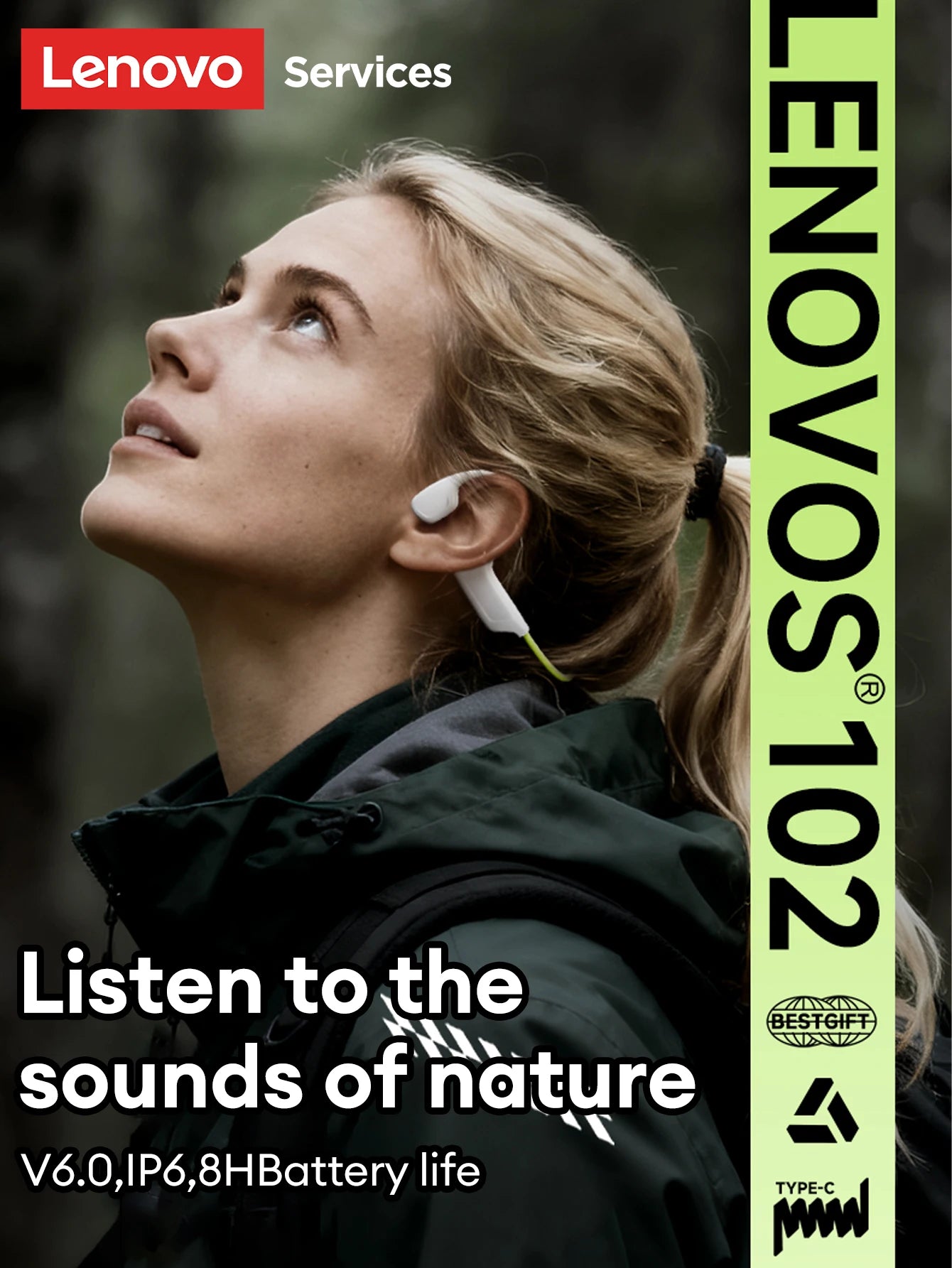 Choice Lenovo S102 Wireless Bone Conduction IPX6 Waterproof Sports Headphones Cycling Fitness Earbuds Bluetooth V6.0 Earphones