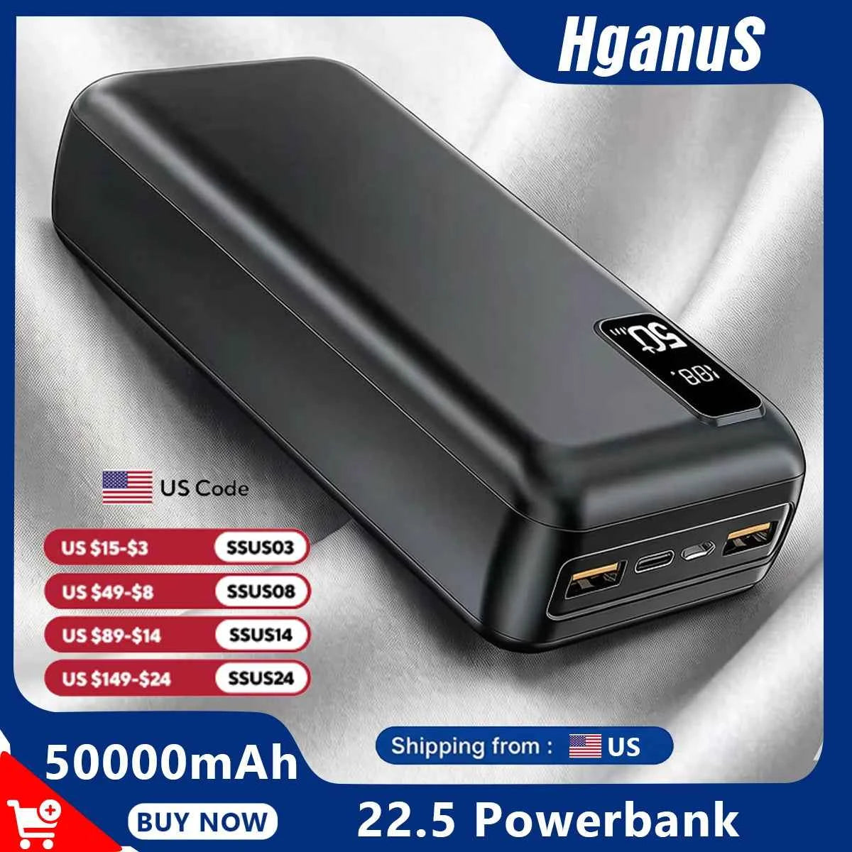 Hganus 50000mAh Powerbank 22.5W Fast Charge Protable Powerbank External Battery High Capacity For IPh xiaomi Samsung Outdoor Use