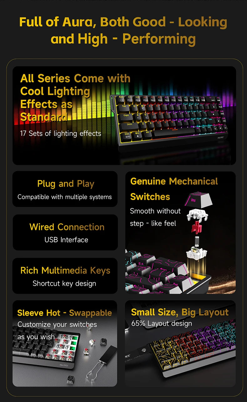 AJAZZ NK68 V2 gaming mechanical keyboard features hot-swappable keys, color backlighting, and is portable for office use