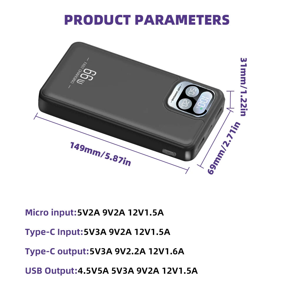 66W Fast Charging Power Bank Built-in 4 Cables LED Digital Display Portable PD20W External Battery Pack Polymer Safe Powerbank for iPhone Android Phones