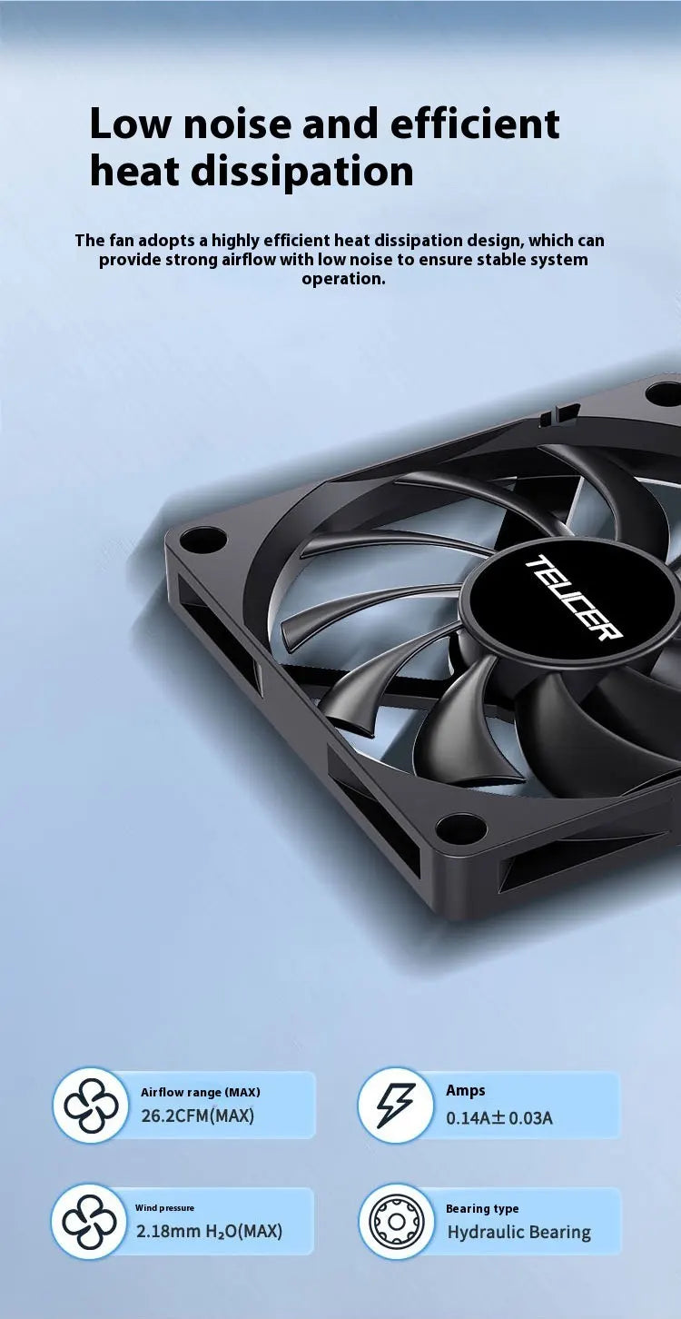 TEUCER UT-8010 Slim 80MM PC Case Fan 800-3000RPM Intelligent Temperature Control 8CM Thickness 10mm Black Cooling Fan