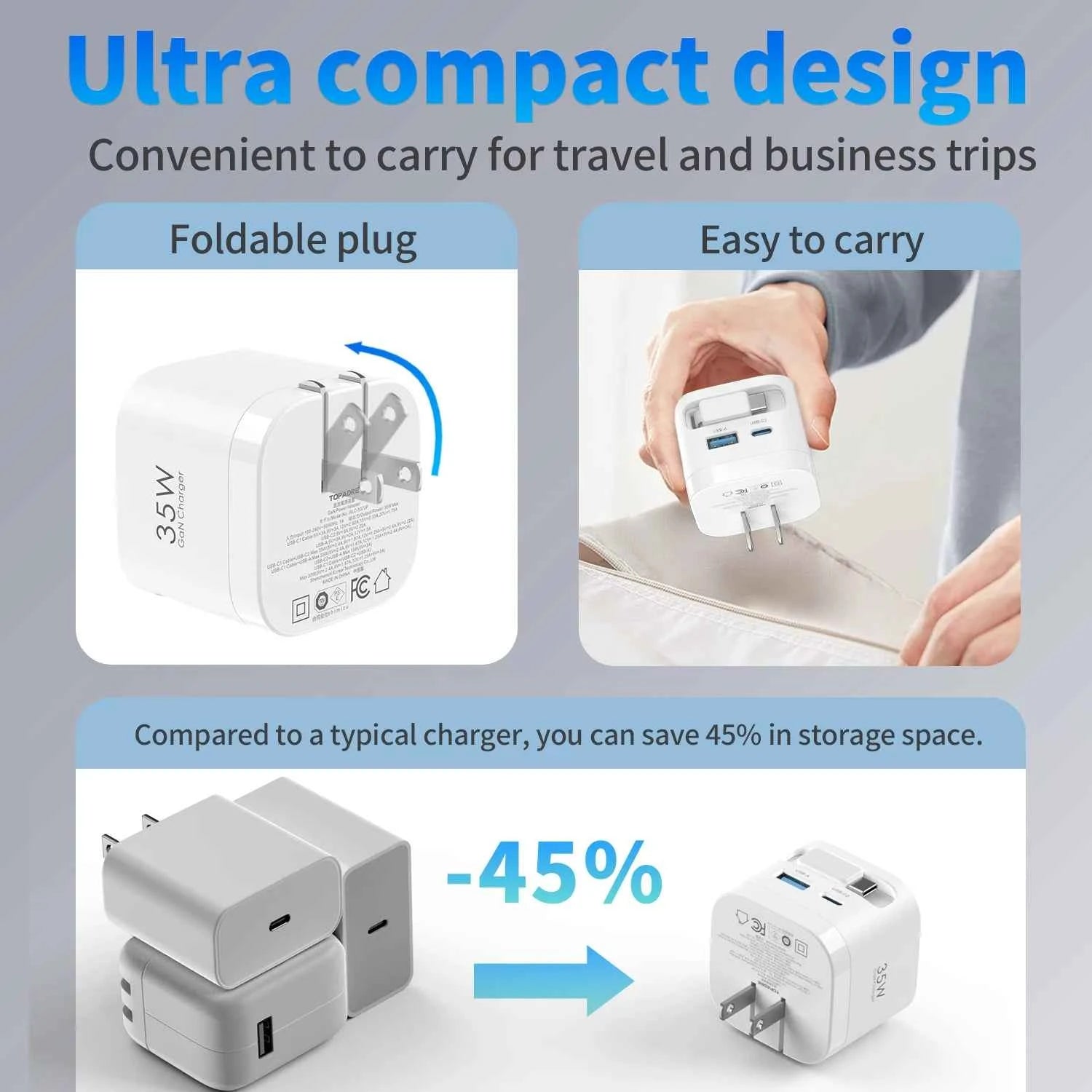 35W GaN Fast Charger with Retractable Cable, Foldable Plug, Quick Charging Block, for iPhone , Samsung , iPad, Android Phones