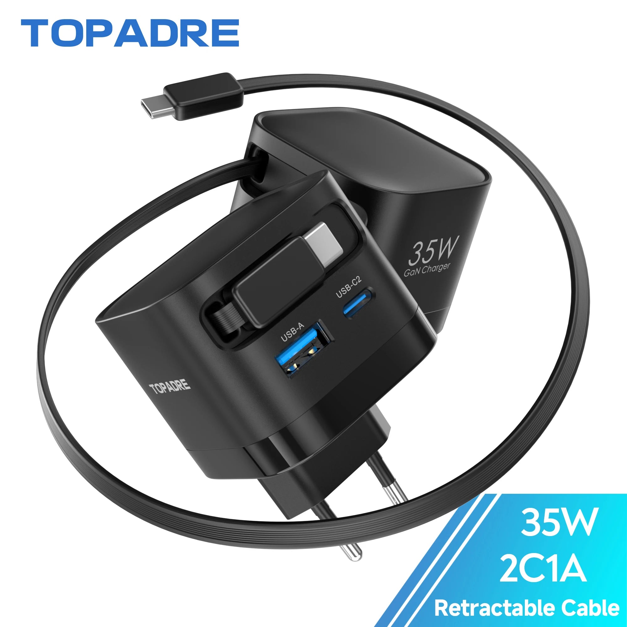 35W GaN Fast Charger with Retractable Cable, Foldable Plug, Quick Charging Block, for iPhone , Samsung , iPad, Android Phones