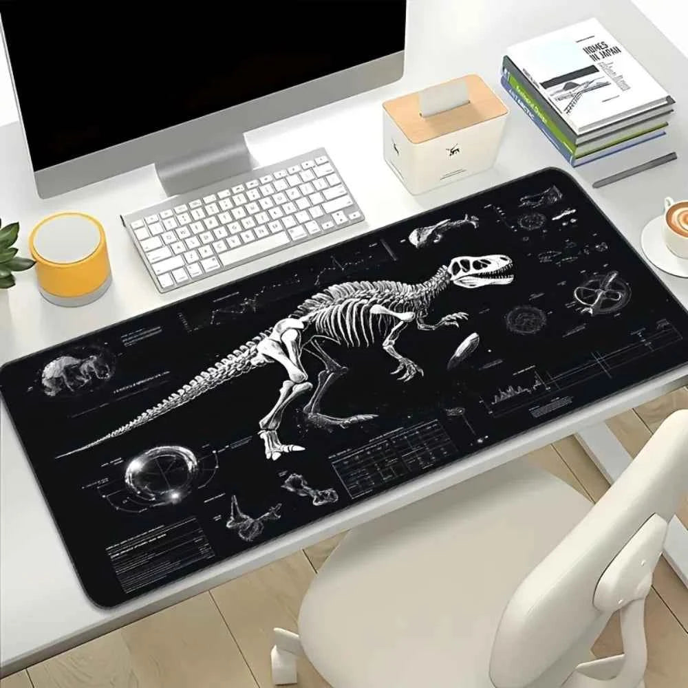 XXL Dinosaur Skeleton Gaming Desk Mat - Black and White Tech Style Extended Pad, Non-Slip Rubber PC Mat