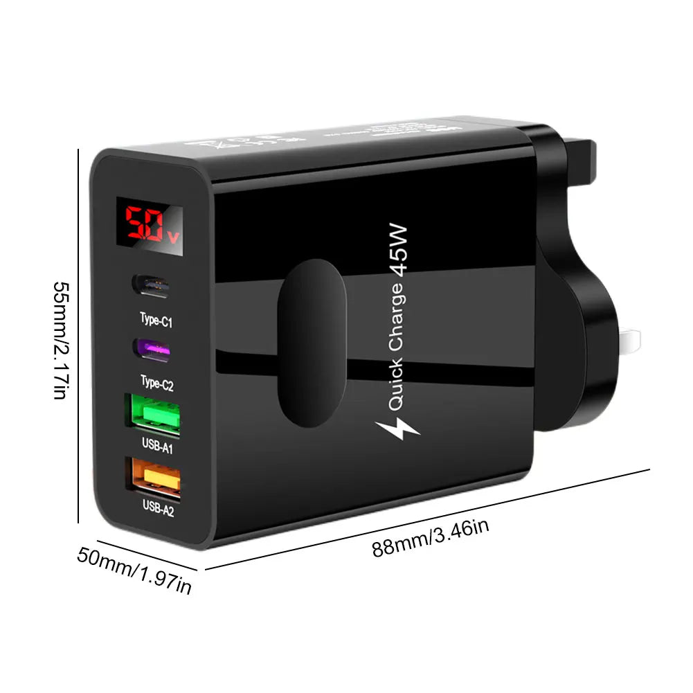 45W Multi Plug Wall Charger 2 Type-C 4 Ports Fast Charging Head Digital Display Quick Charger Head for iPhone 14 Xiaomi Samsung
