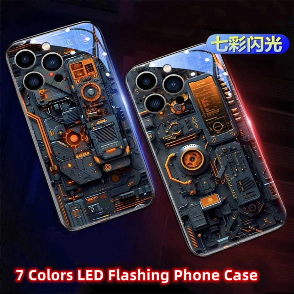 Luxury Blue Chip Pattern Luminous Glass LED Call Light Up Flash Phone Case Cover For iPhone Air 17 16 E 15 14 13 12 Pro Max Plus