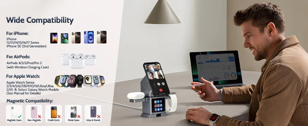 7 in 1 Wireless Charger Qi2.2 Certified 25W Magnetic Fast Charging Station Bluetooth Speaker for iPhone 17~12 iWatch Airpods Pro