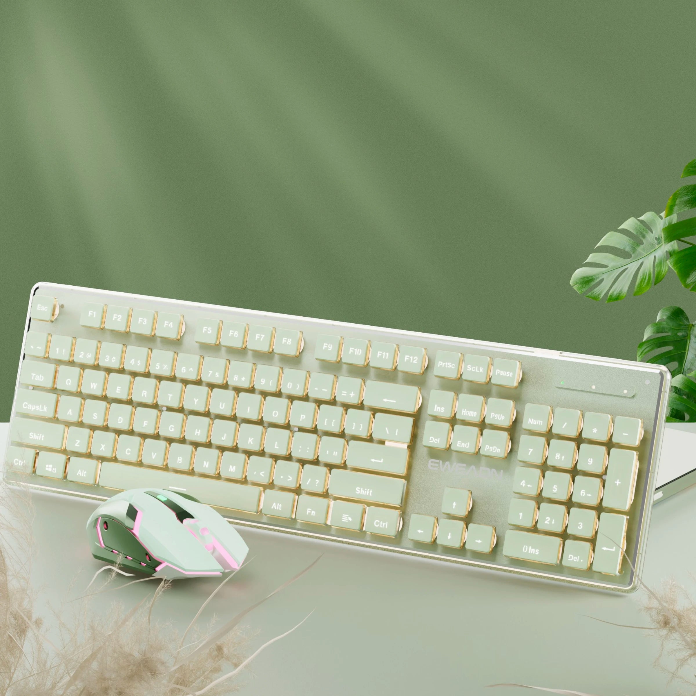 EWEADN Bluetooth Dual-Mode 2.4GHz Wireless Keyboard and Mouse Set, Ergonomic, Silent, Backlit, Gaming & Office, Green/Pink/White