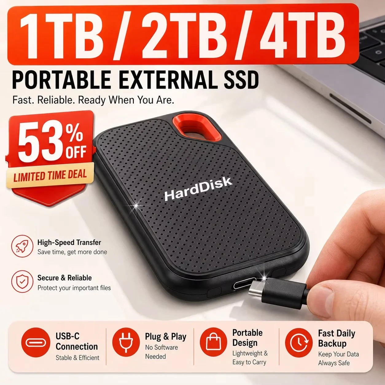 2TB Portable SSD External Solid State Drive USB-C Fast Storage Device for Laptop Mac PC Phone Backup Data