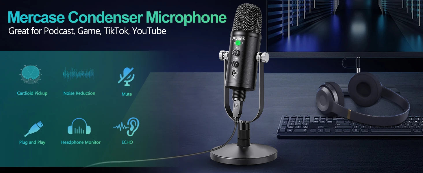 Mercase USB Condenser Microphone – Plug & Play Cardioid Mic with Mute Button for PC, Phone, PS4 & PS5, Recording & Streaming.