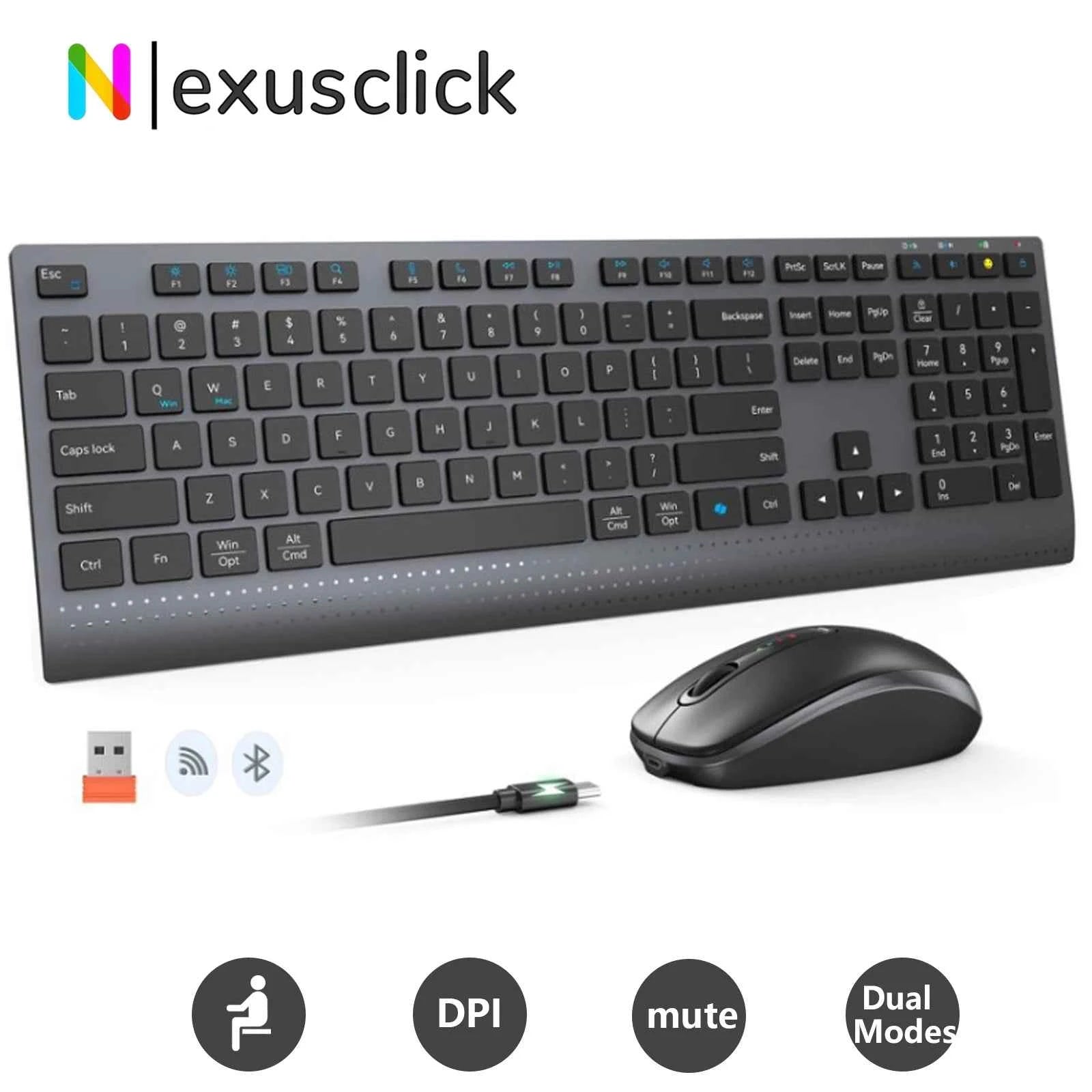 Dual-mode 2.4G Wireless Keyboard Mouse Combo Mute Rechargeable Keyboard Mouse Set With Multi-Function Keys for Windows PC Gamer