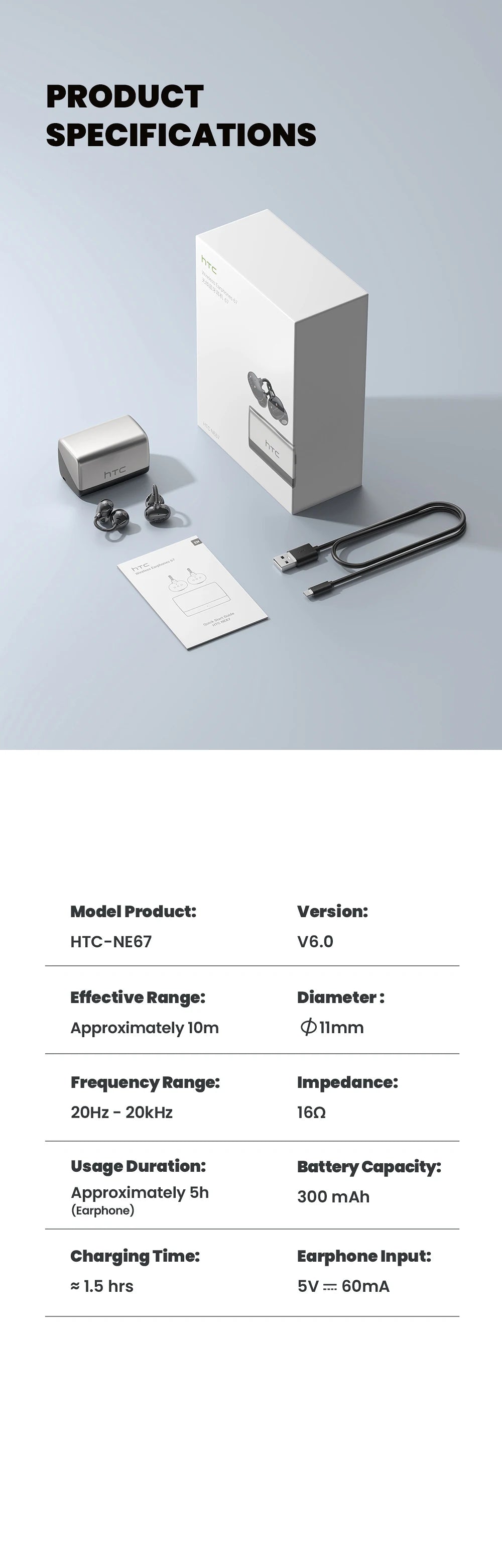 [AI Translator Earbuds] HTC NE67 Bluetooth V6.0 Earphones Portable Wireless headphones Comfort Earclip with a hanging chain