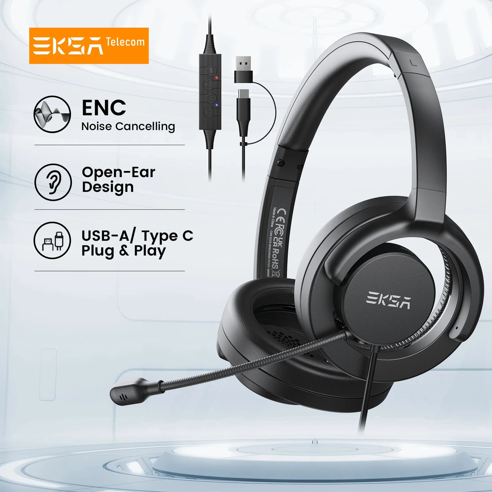 EKSA H27 Open Ear Office Headset USB-A/Type C Wired Headphones with ENC Call Noise Cancelling Microphone for PC/Phone