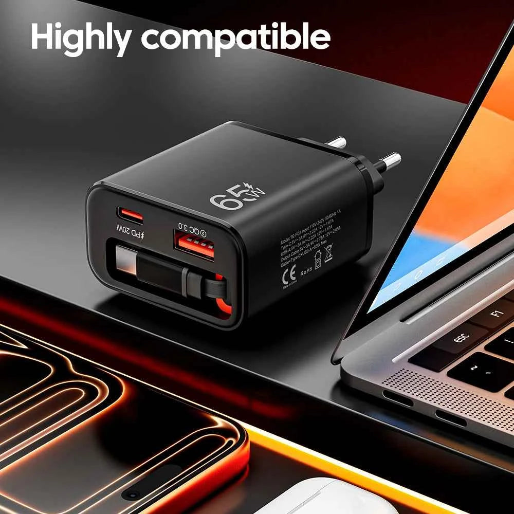 65W USB Phone Charger With Retractable Super Fast Charging Type C Cable For iPhone 17 16 POCO Xiaomi QC 3.0 USB PD Wall Charger